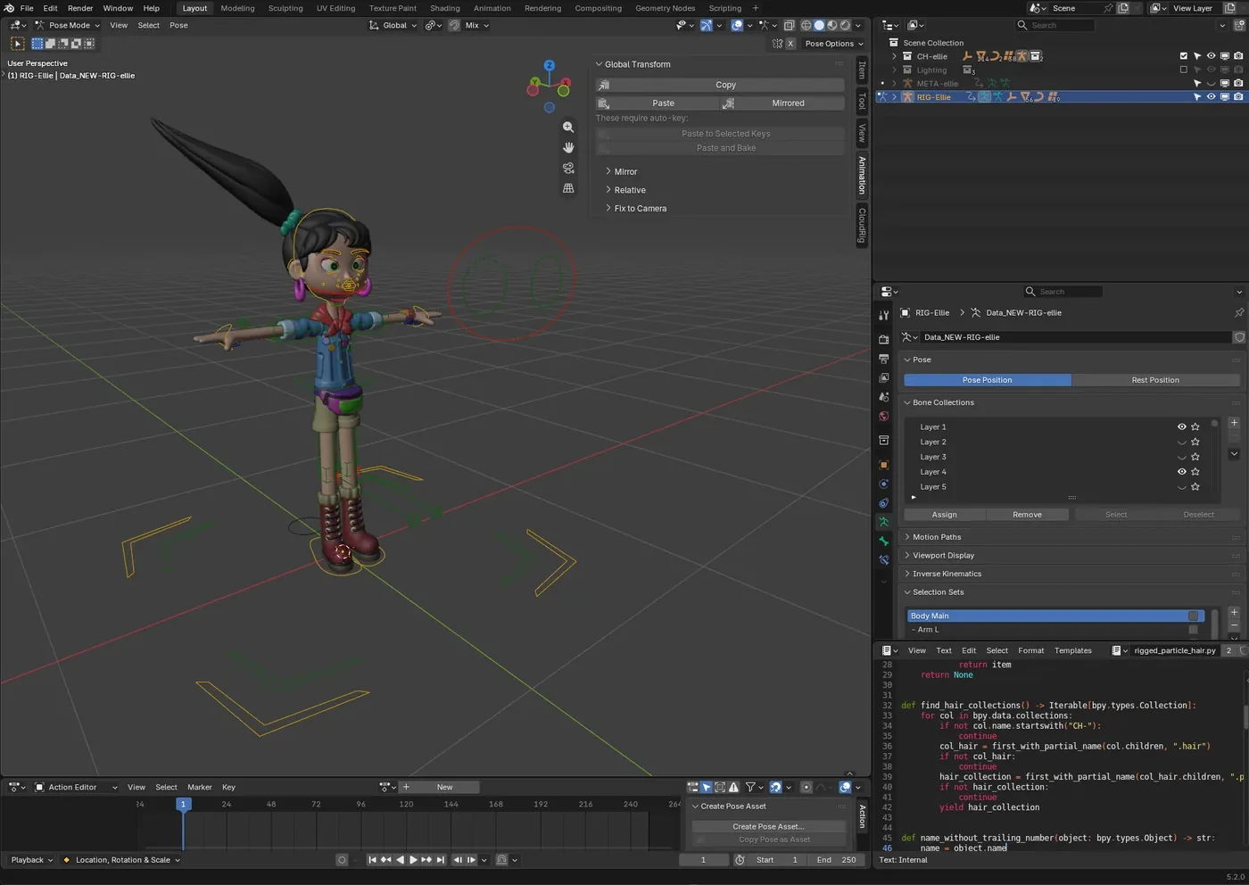 Blender-projekti, jossa rig, 3D-hahmo ja skripti näkyvät samassa työympäristössä