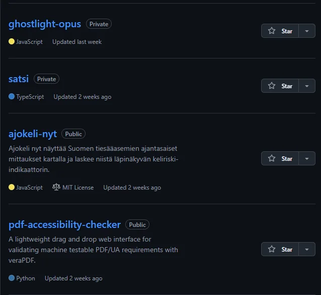GitHub-repot Ghostlight, Satsi, Ajokeli ja PDF Accessibility Checker
